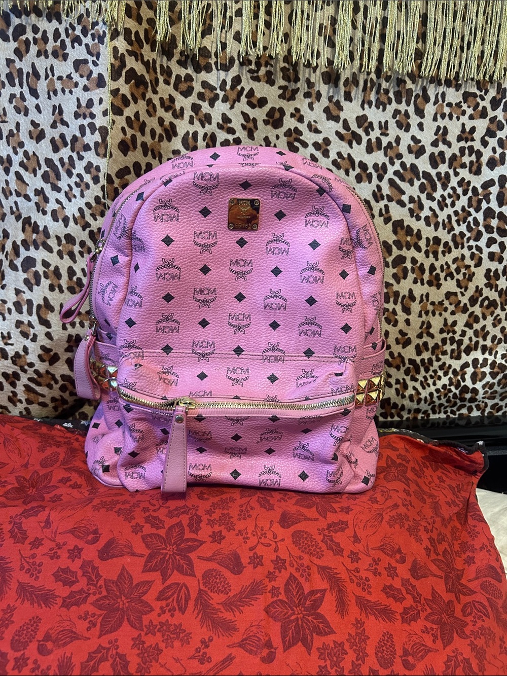 MCM big pink Backpack with Gold Hardware